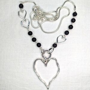 Heart and Beads Silver Tone Necklace Extra Long Snake Chain 34 Inches